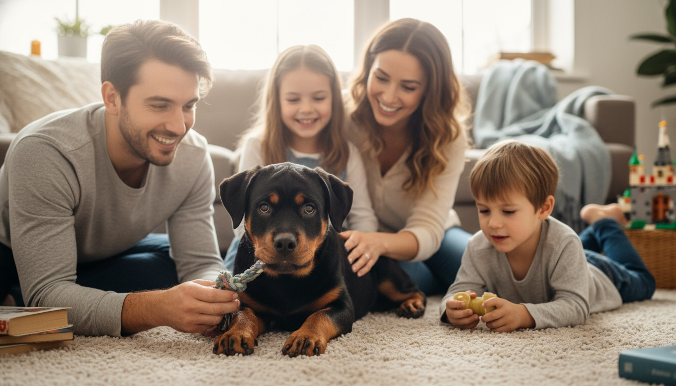 一隻洛威拿幼犬與家庭成員互動，展現其溫順一面