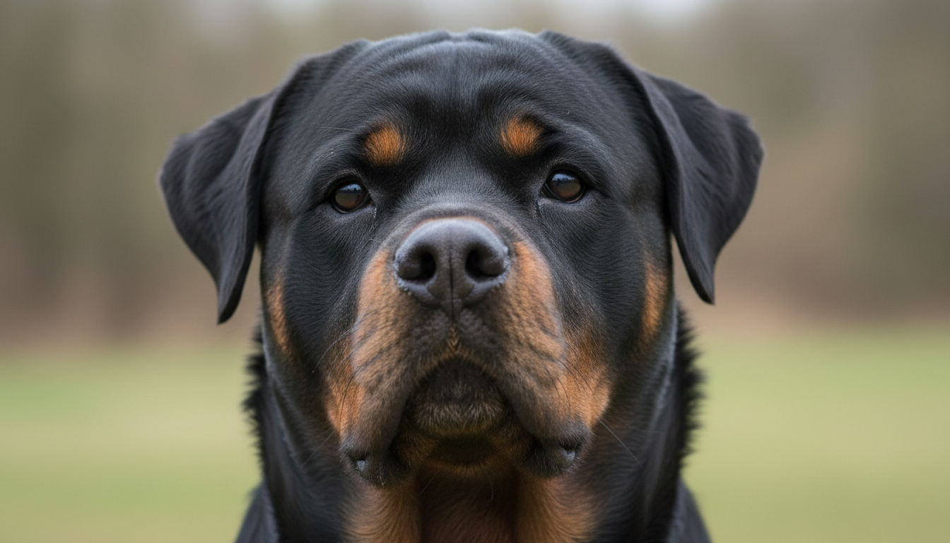 洛威拿犬的頭部特寫，展示其警惕而自信的眼神