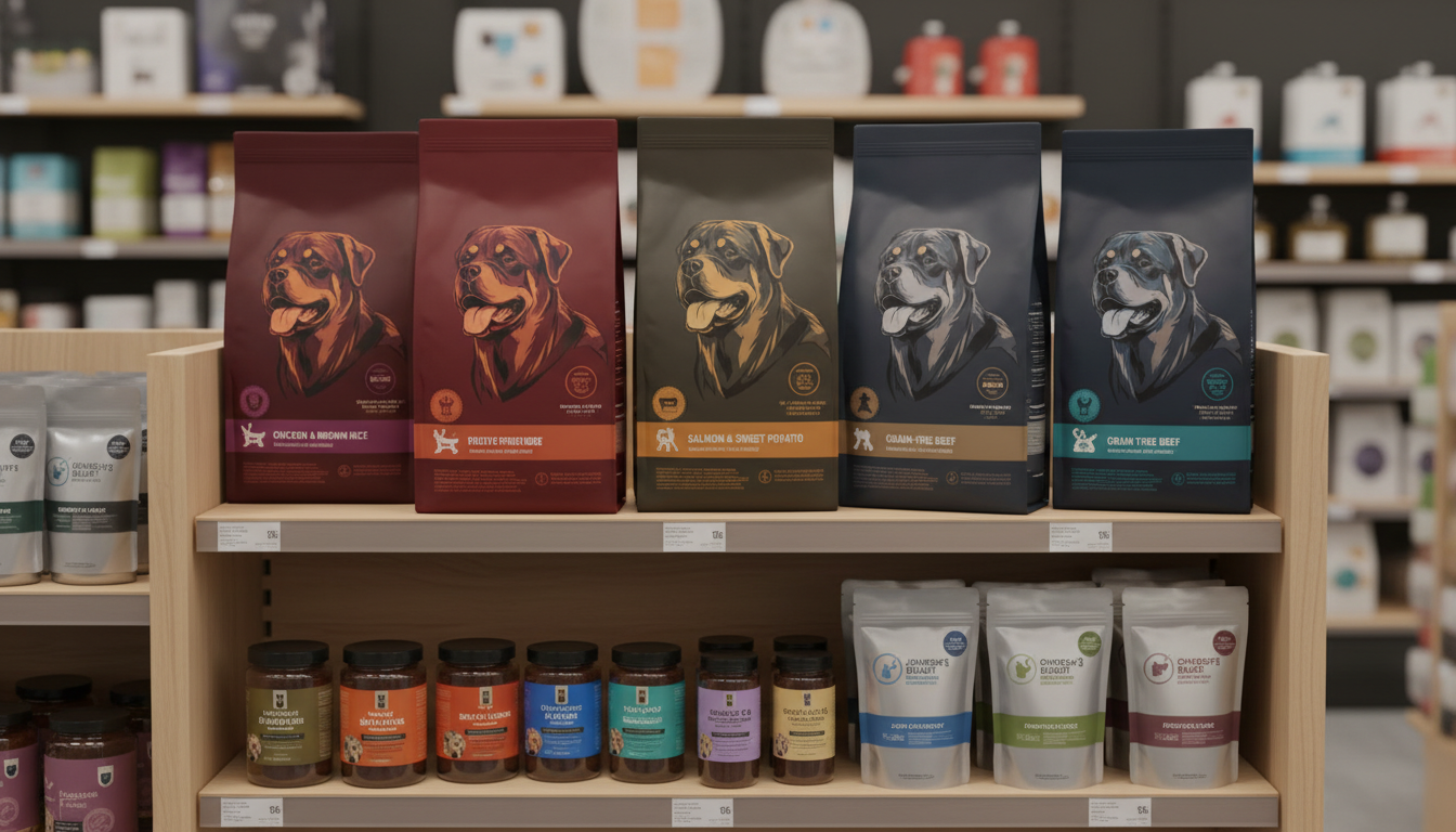 各種高品質洛威拿狗糧和營養補充劑的展示