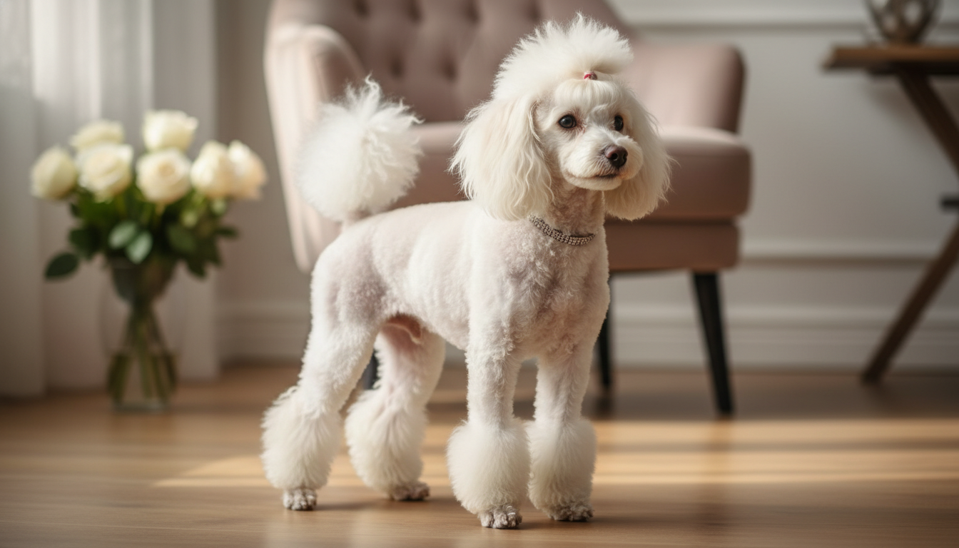 玩具貴婦狗的典型外觀特徵展示，包括其捲曲的毛髮和優雅的姿態