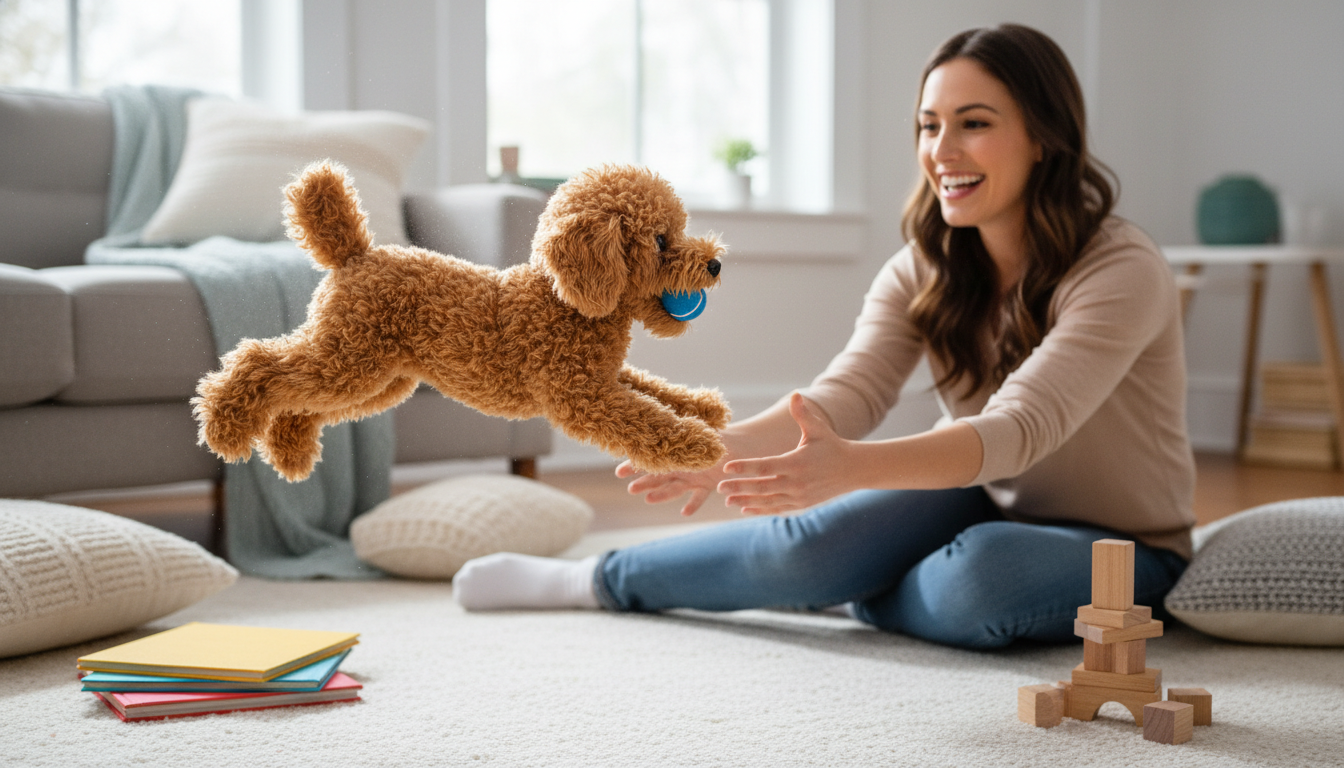 一隻玩具貴婦狗活潑地與主人玩耍，展現其聰明和親人的性格