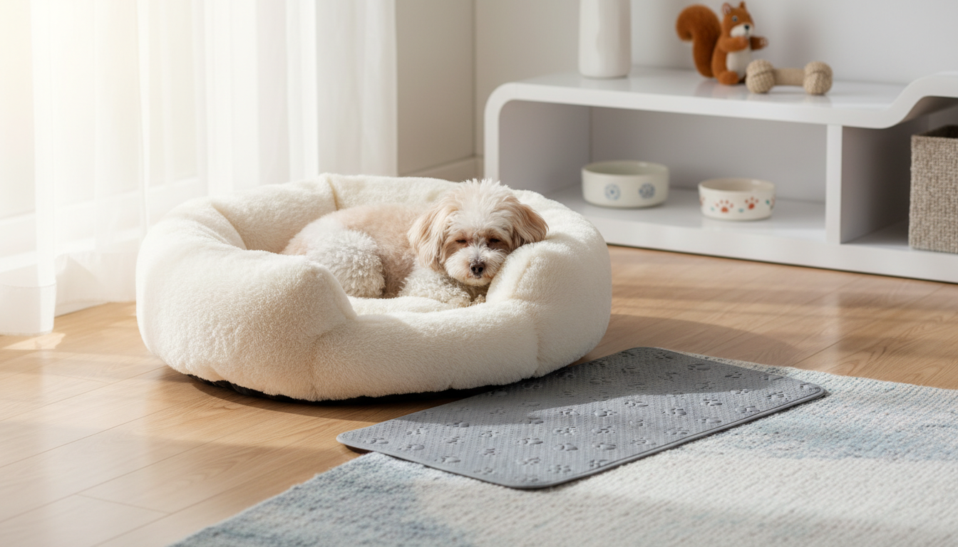 適合玩具貴婦狗的理想家居環境設置，包括舒適的狗窩和防滑墊