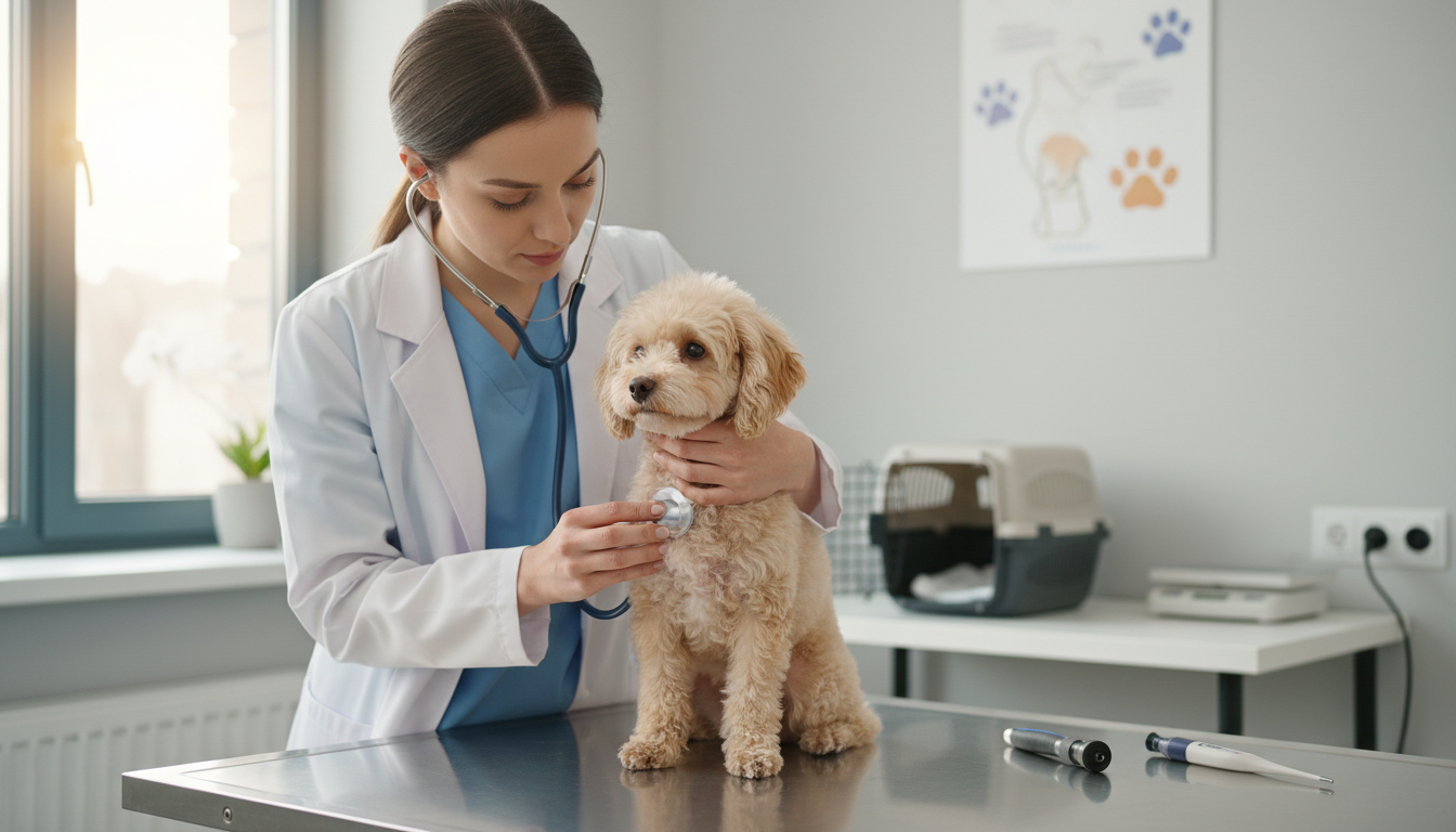 獸醫正在為玩具貴婦狗進行健康檢查，強調定期體檢的重要性