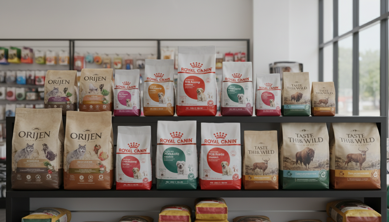 各種高品質狗糧品牌展示，包括皇家、Orijen和Taste of the Wild