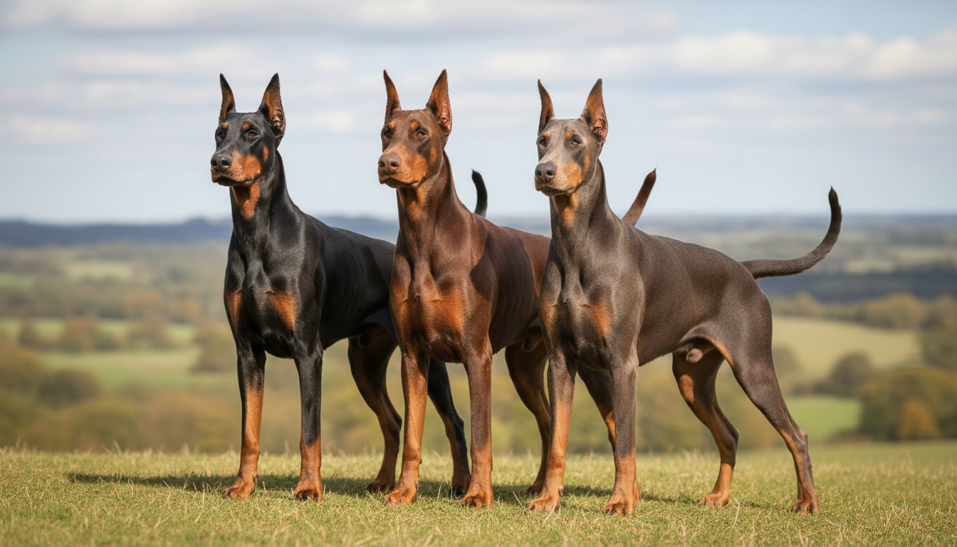 都柏文犬的典型外觀特徵展示，包括不同毛色和自然耳尾