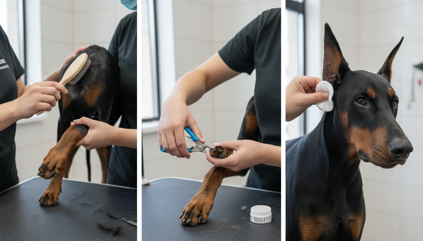 為都柏文犬進行日常護理的正確方法，包括刷毛、剪指甲和清潔耳朵