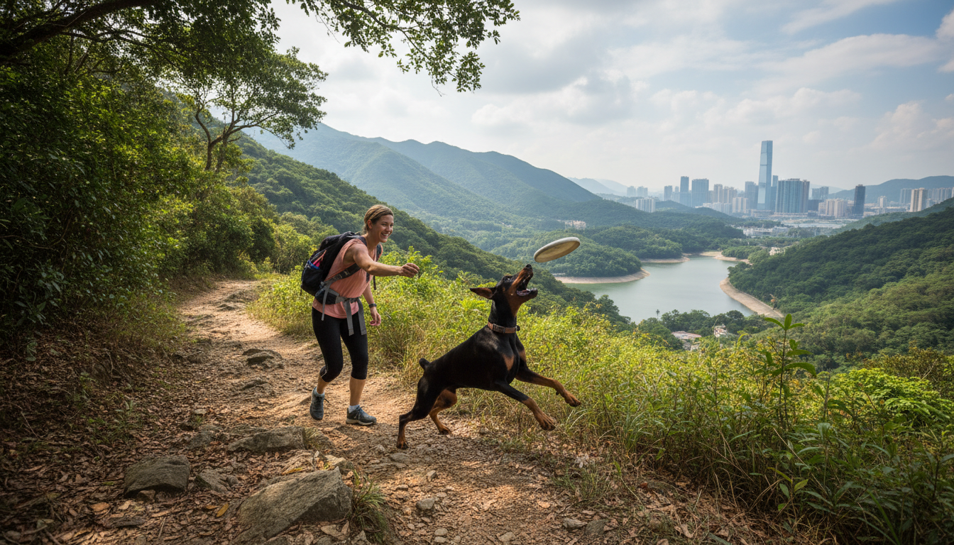 飼主與都柏文犬在香港郊野公園享受戶外活動