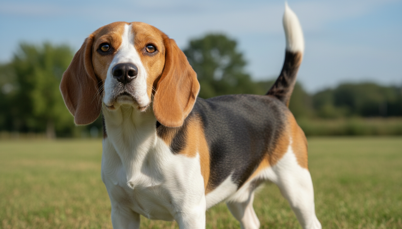 比高犬的典型外觀特徵展示，包括其標誌性的長耳朵、友善的眼睛和三色被毛。