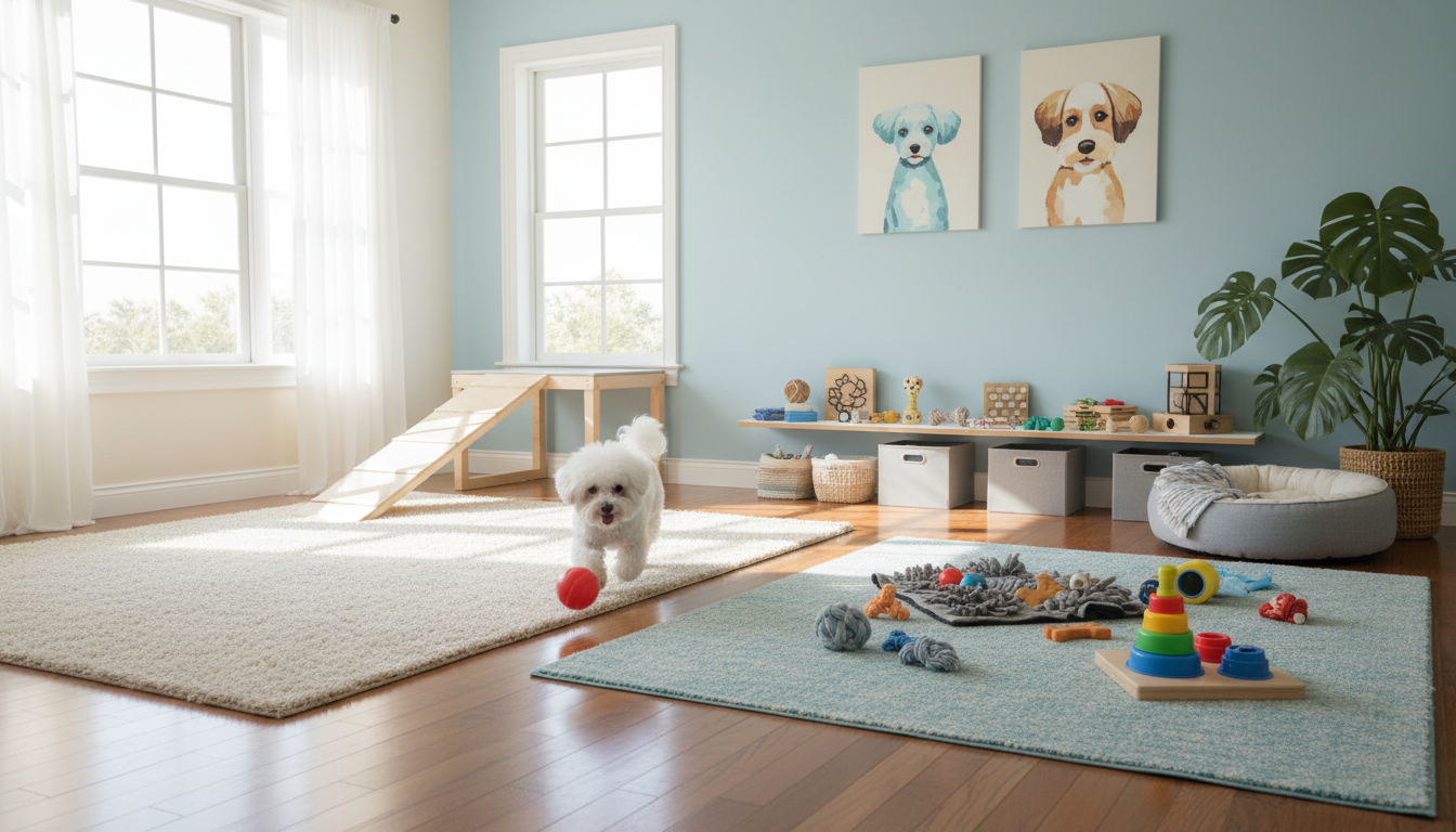 適合比高犬的理想家居環境設置，展示了充足的活動空間和益智玩具。