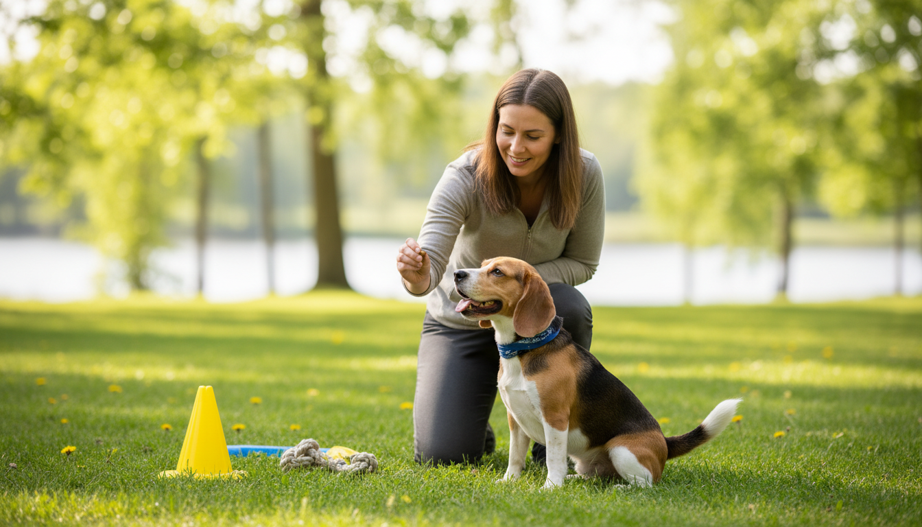 飼主正在使用積極強化法訓練比高犬，強調耐心和獎勵。