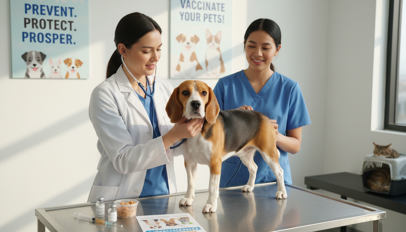 獸醫正在為比高犬進行健康檢查，強調疾病預防的重要性。