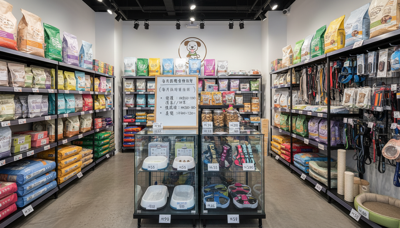 香港寵物店內展示的狗糧和寵物用品，附帶價格標籤以說明飼養成本。