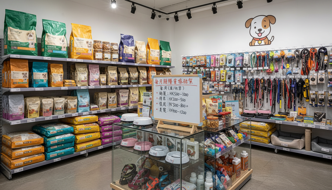 香港寵物店內展示的狗糧和寵物用品，附帶價格標籤以說明飼養成本。