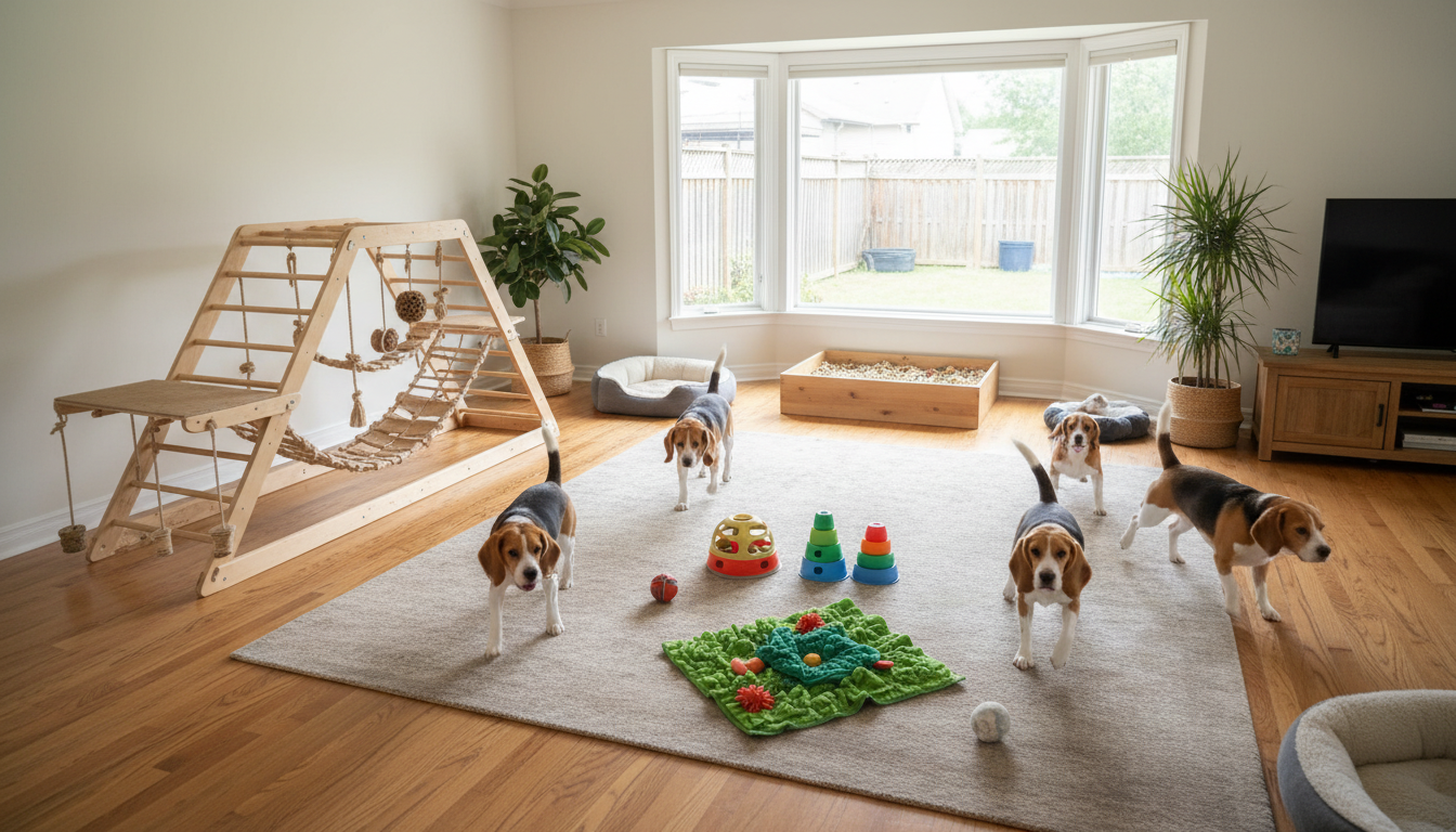 適合比高犬的理想家居環境設置，展示了充足的活動空間和益智玩具。