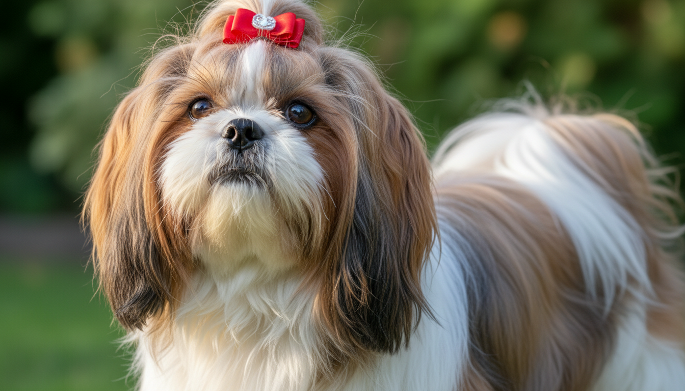 西施狗的典型外觀特徵展示，特別強調其眼睛、鼻子和毛髮