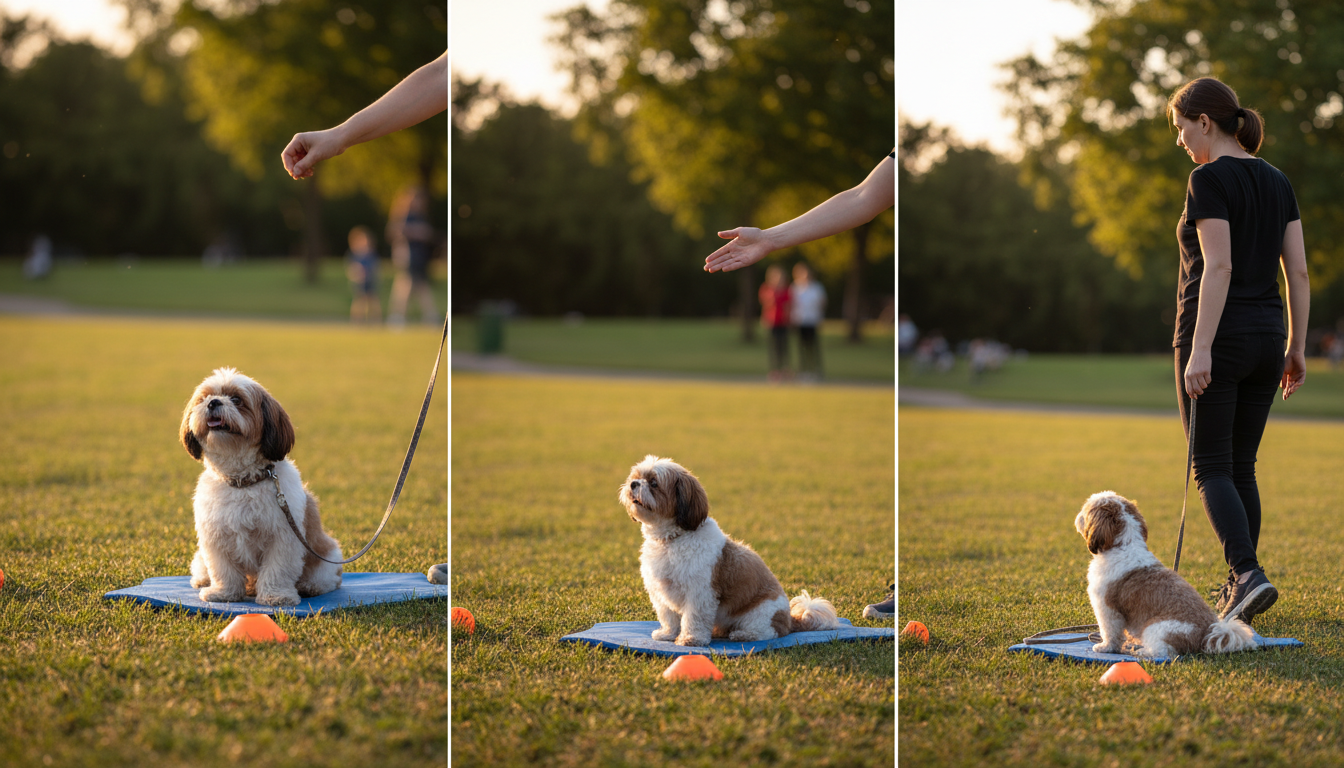 西施狗在進行基本服從訓練，如「坐下」或「留下」