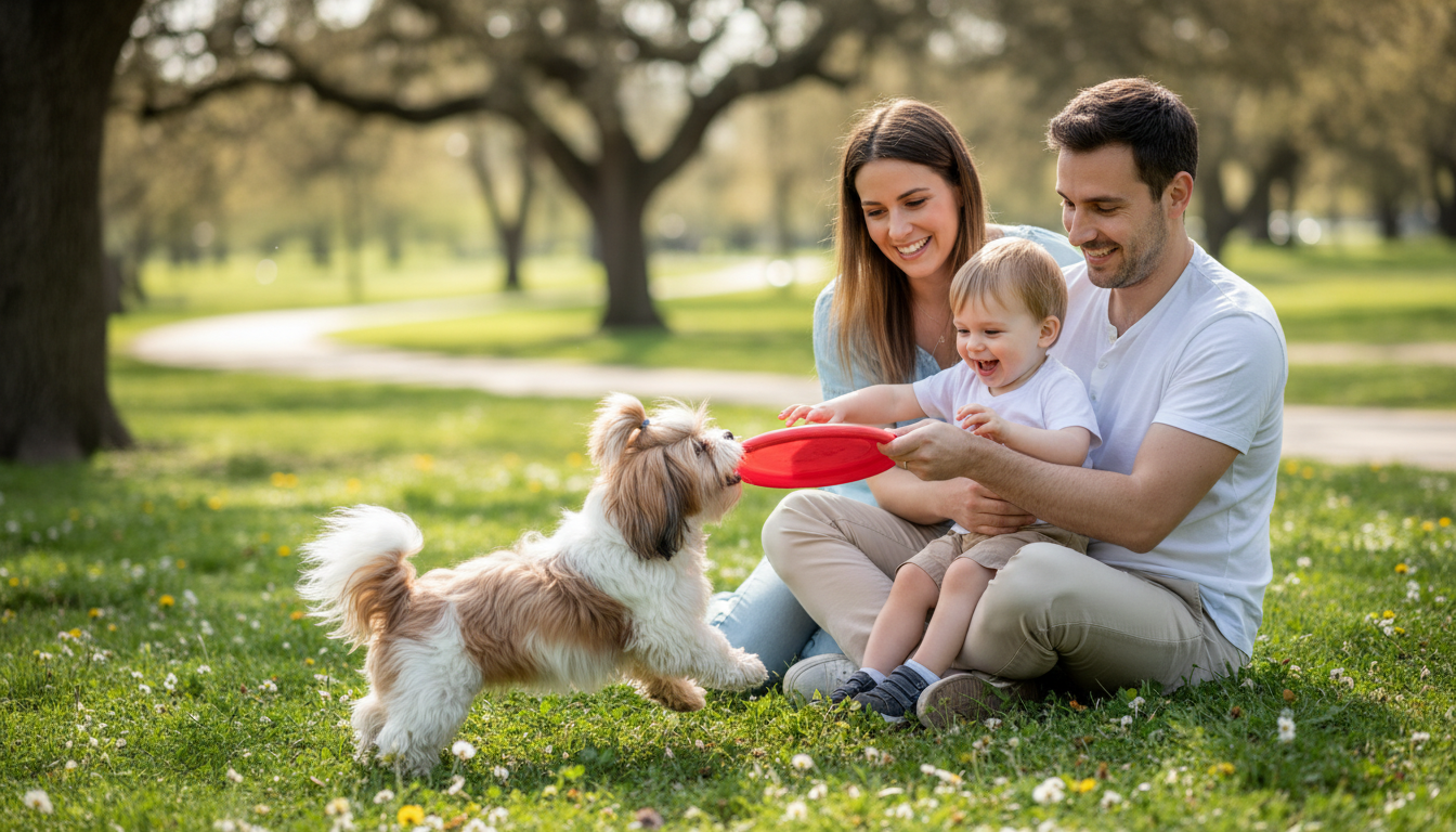 一隻西施狗與家人開心玩耍的場景，展現其友善活潑的性格