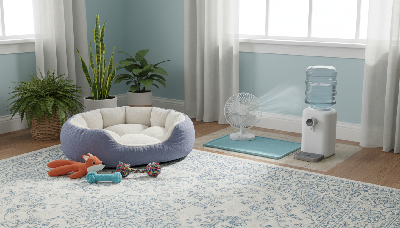 適合西施狗的理想家居環境設置，包括狗床、玩具和防暑設施