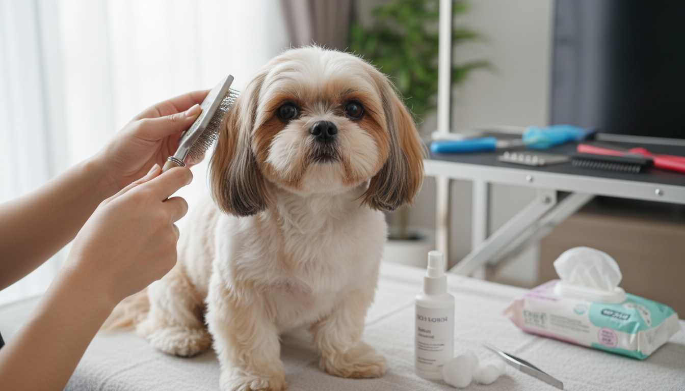 為西施狗進行日常護理的正確方法，例如梳毛、清潔耳朵和眼睛