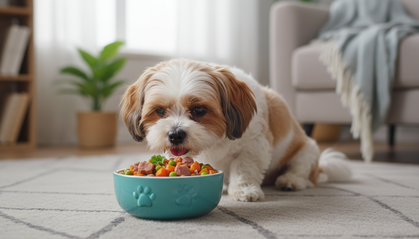 西施狗正在享用一碗健康營養的狗糧