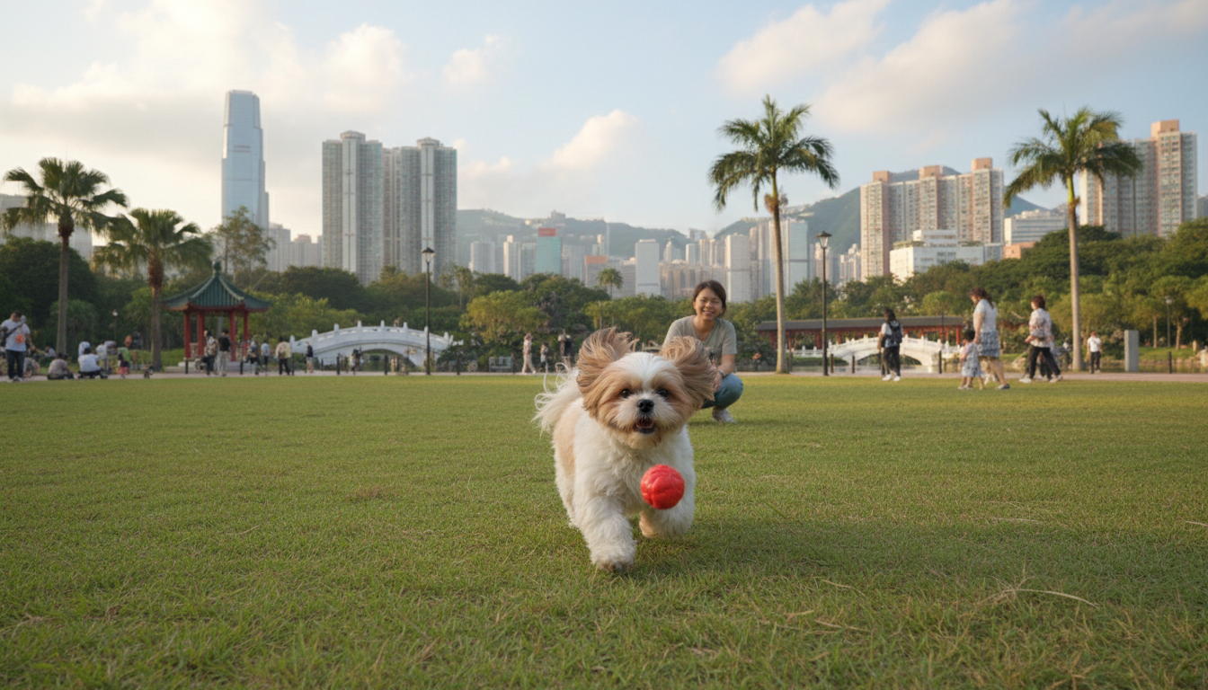 一隻西施狗在香港的公園裡快樂地玩耍，展現其適應城市生活的能力