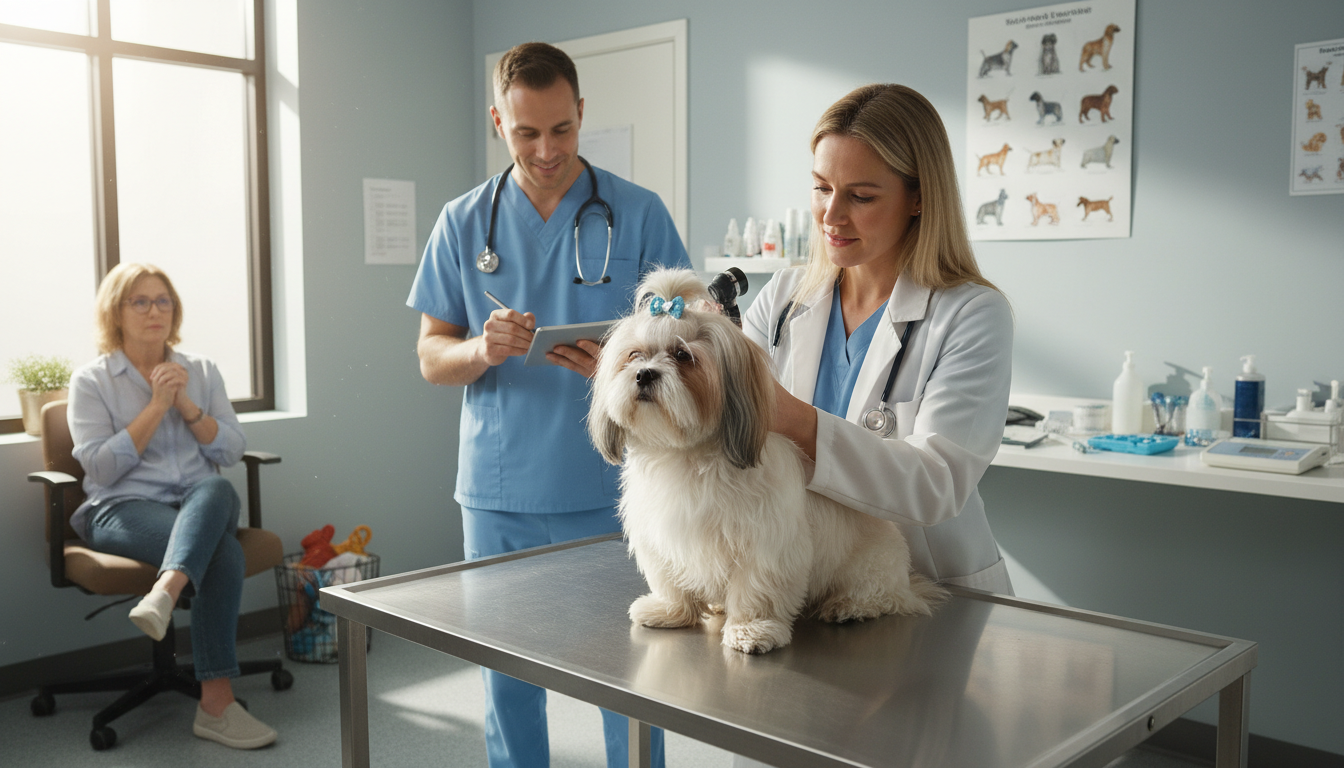 西施狗在獸醫診所進行健康檢查的場景