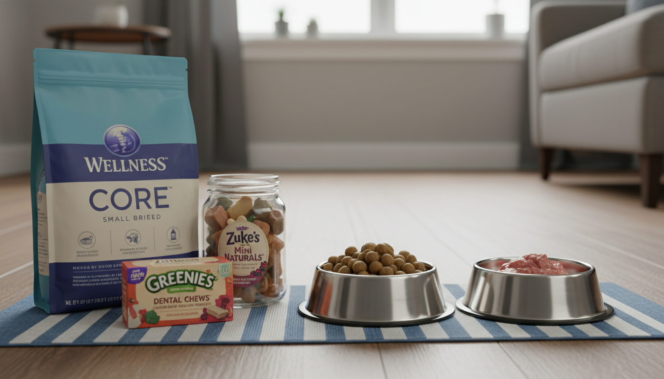 擺放整齊的約瑟爹利食物碗，旁邊是推薦的小型犬糧和健康零食