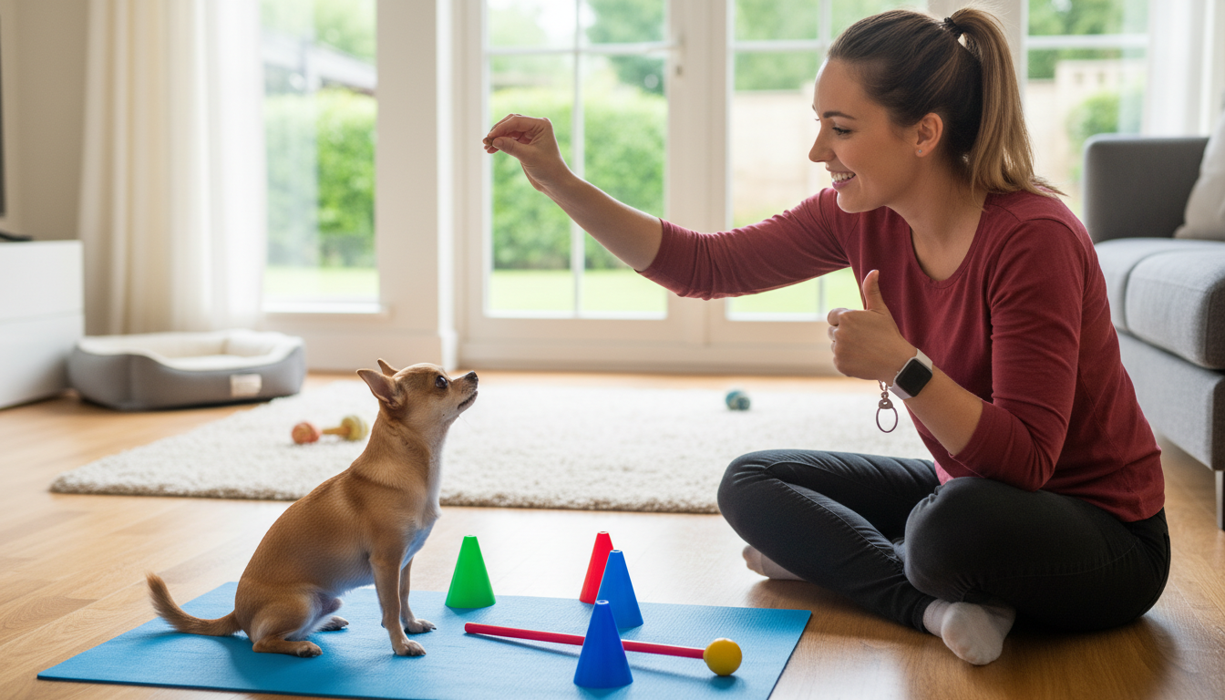 芝娃娃在進行基本服從訓練，主人使用正向強化方法