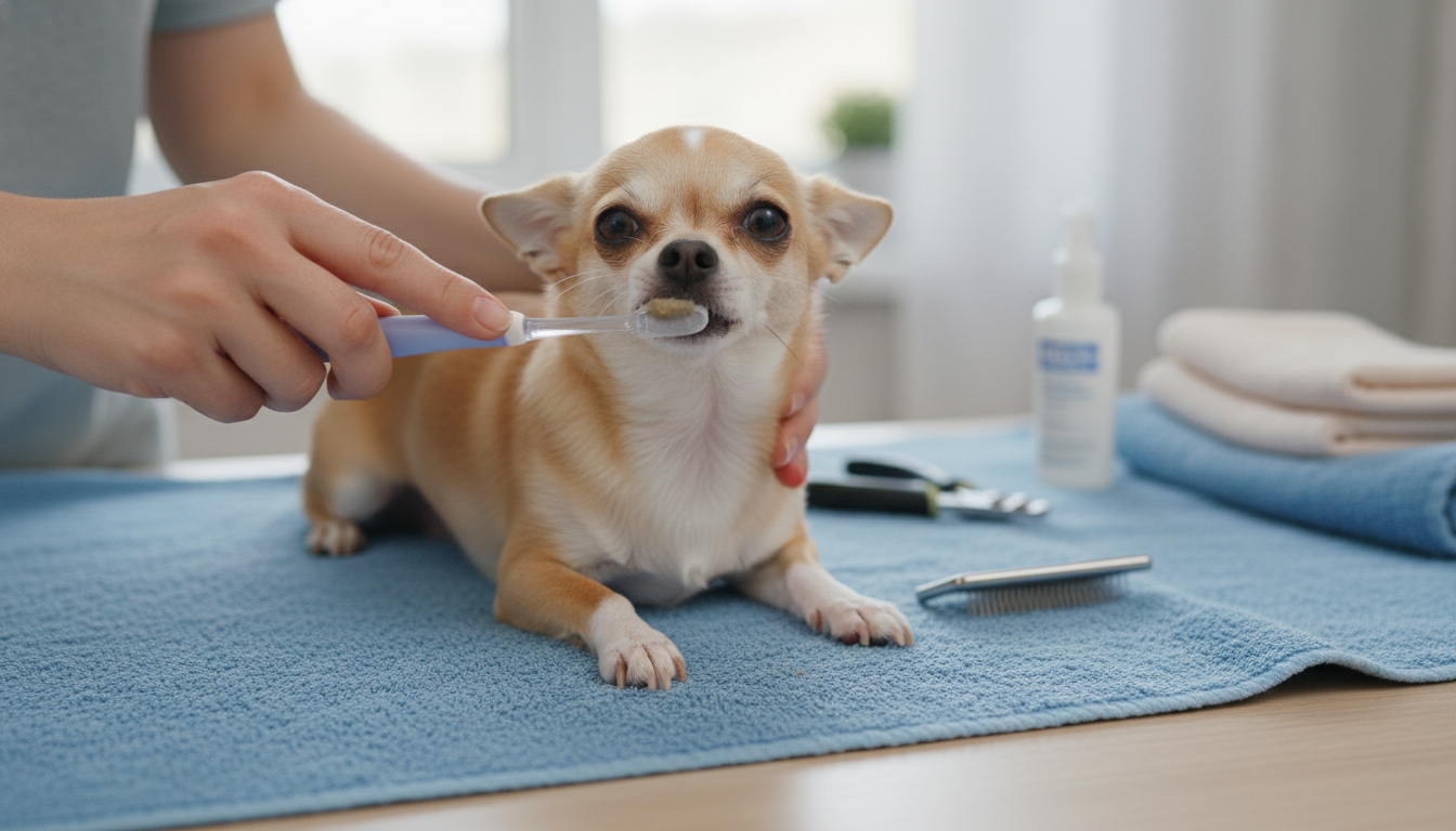 為芝娃娃進行日常護理的正確方法，包括刷牙和梳毛