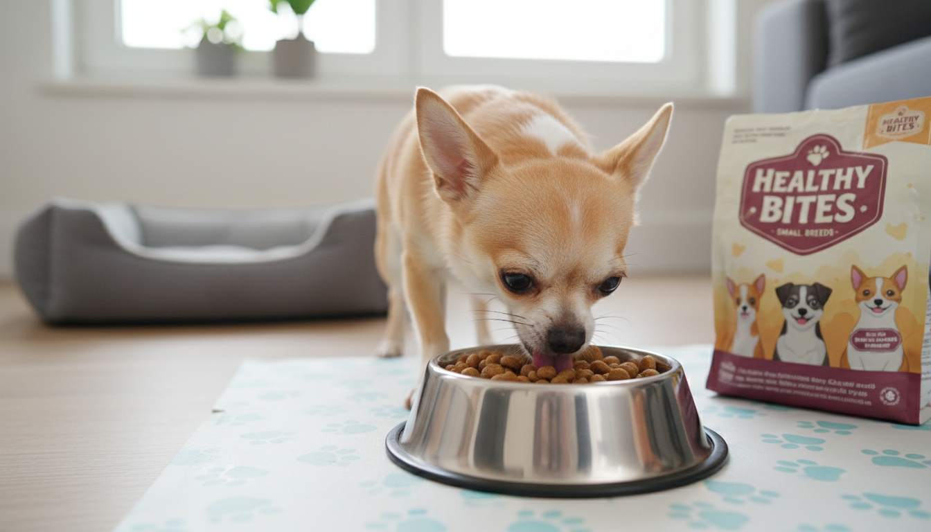芝娃娃正在享用專為小型犬設計的健康狗糧