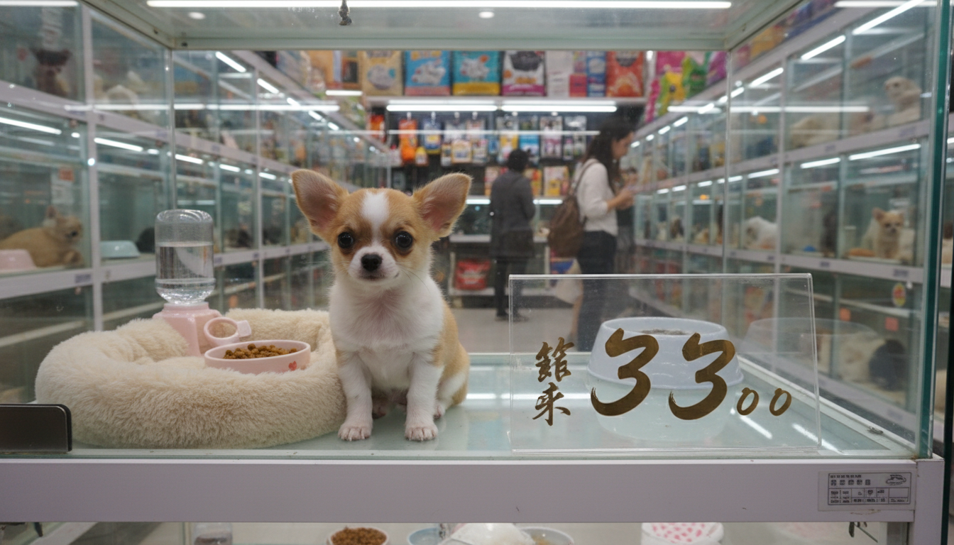 香港寵物店內展示的芝娃娃，標示預計購買價格
