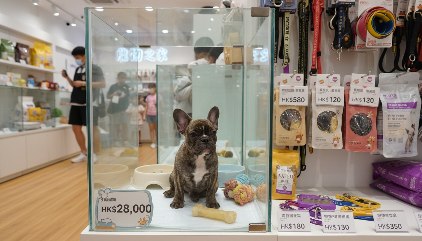 香港寵物店內展示的法國老虎幼犬及相關用品，附帶價格標籤