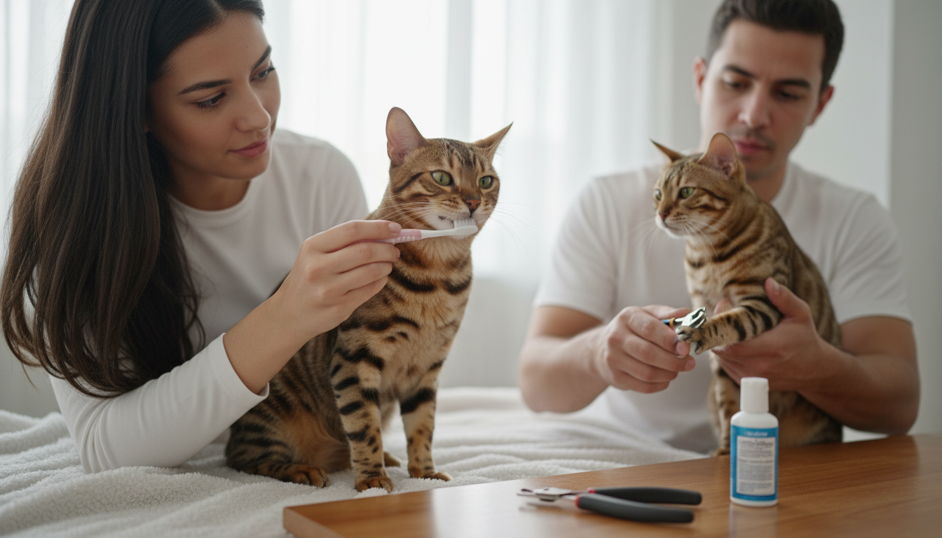 為孟加拉貓進行日常護理的正確方法，例如刷牙和修剪指甲