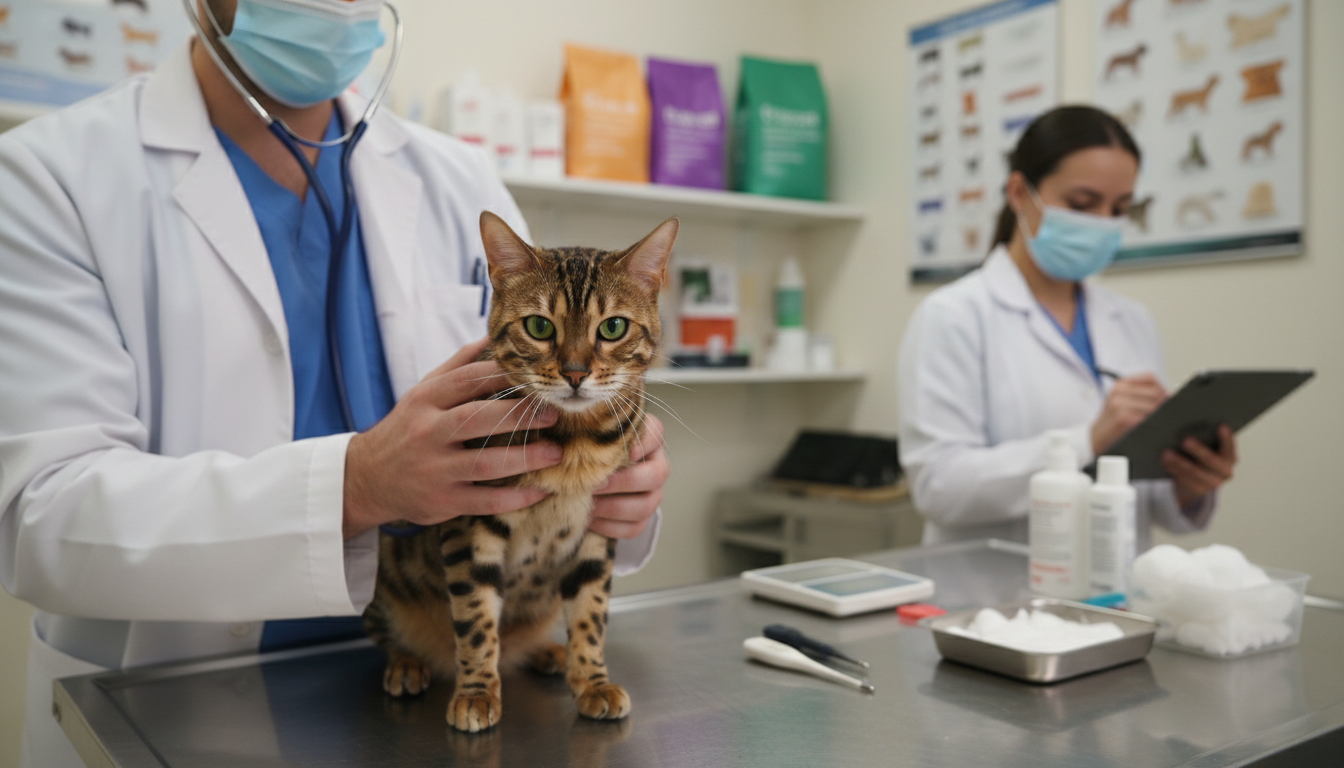 獸醫為孟加拉貓進行健康檢查的場景