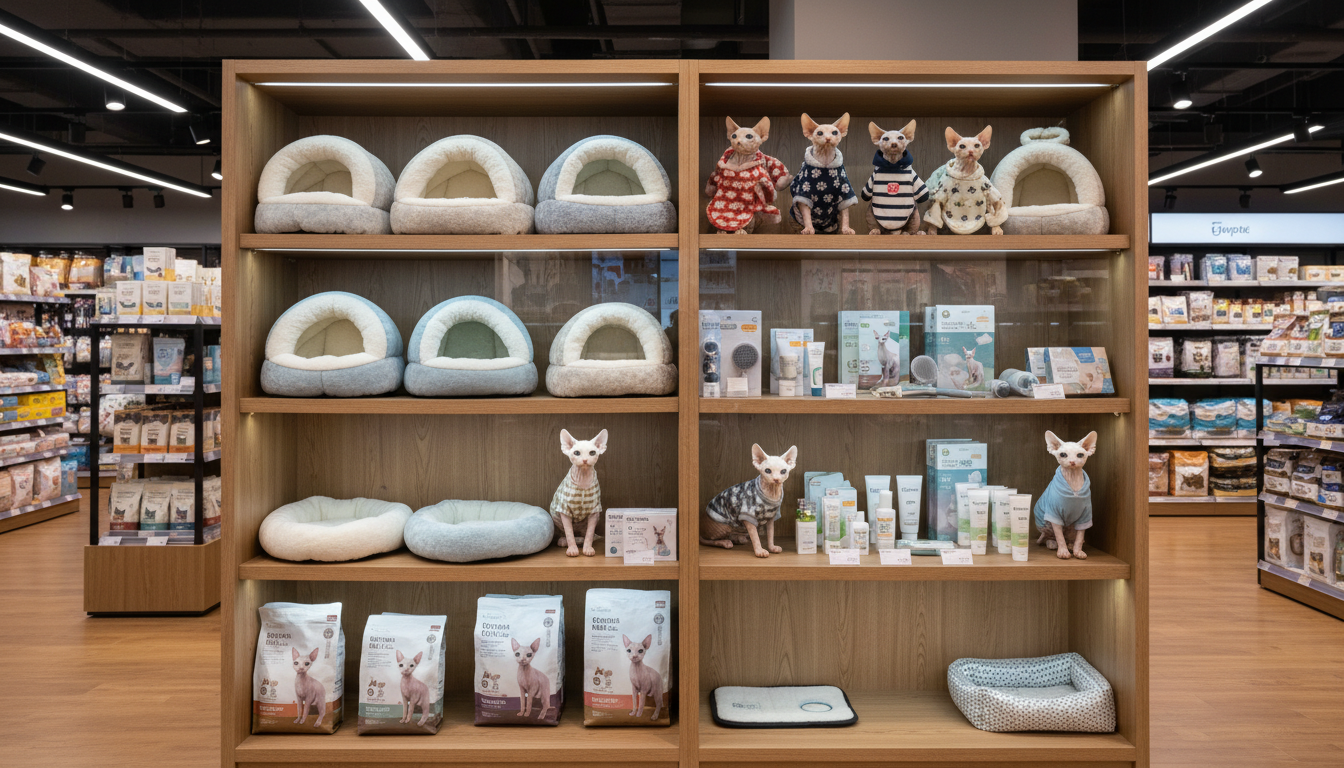 香港寵物店內加拿大無毛貓的用品展示