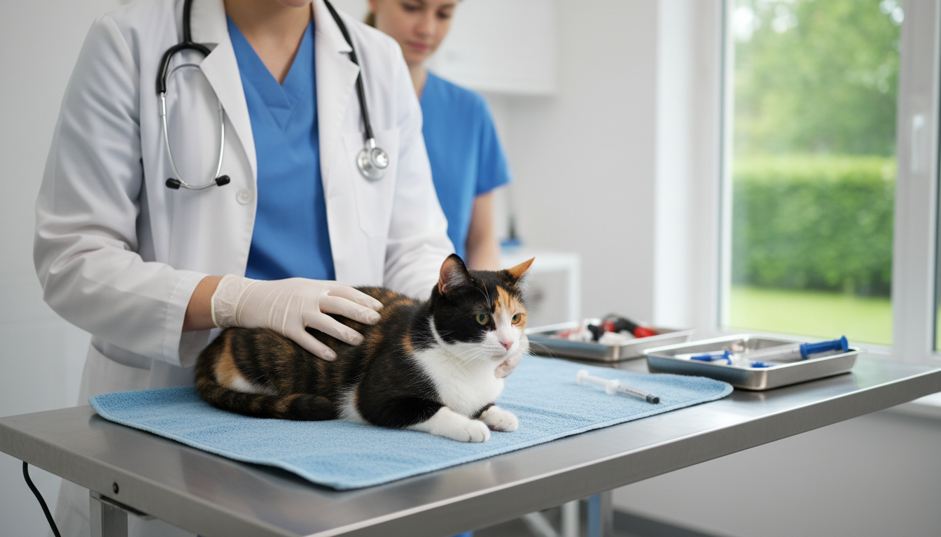 獸醫為三色貓進行健康檢查
