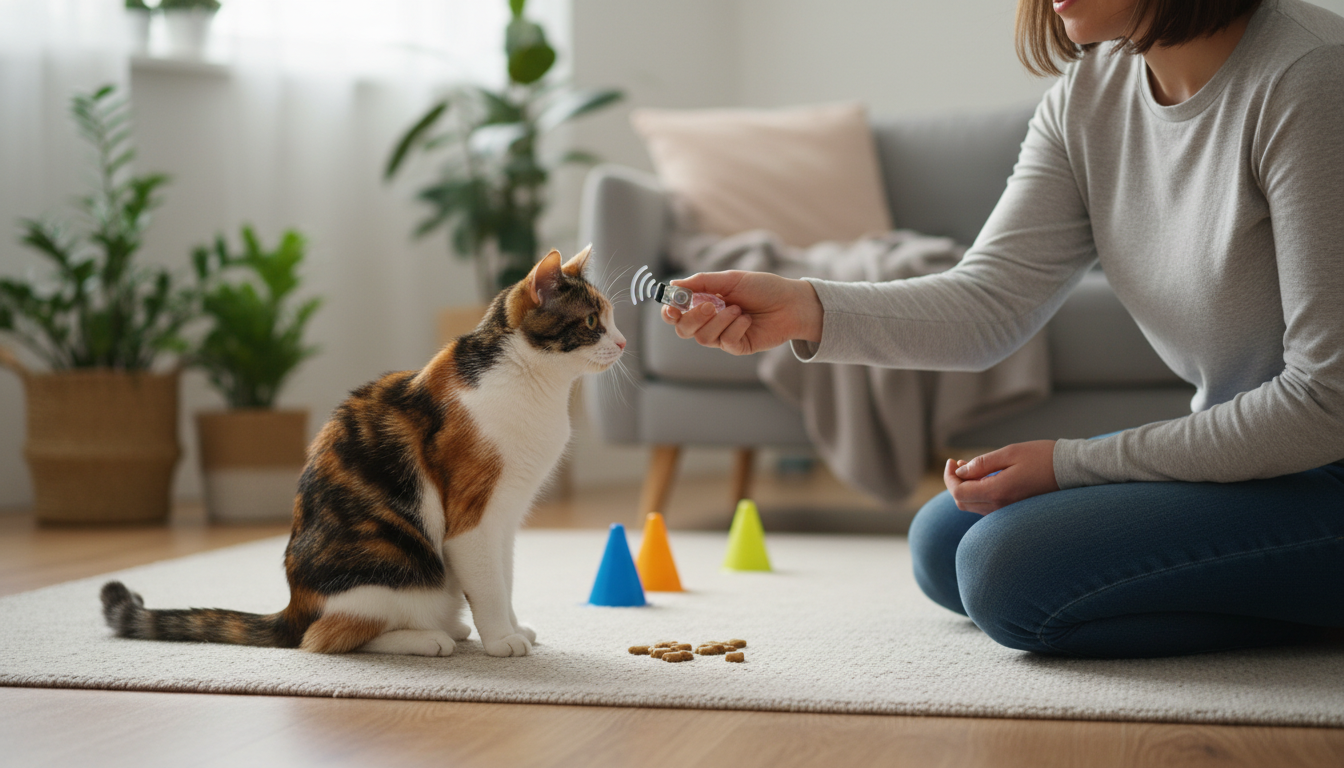 三色貓進行響片訓練的場景