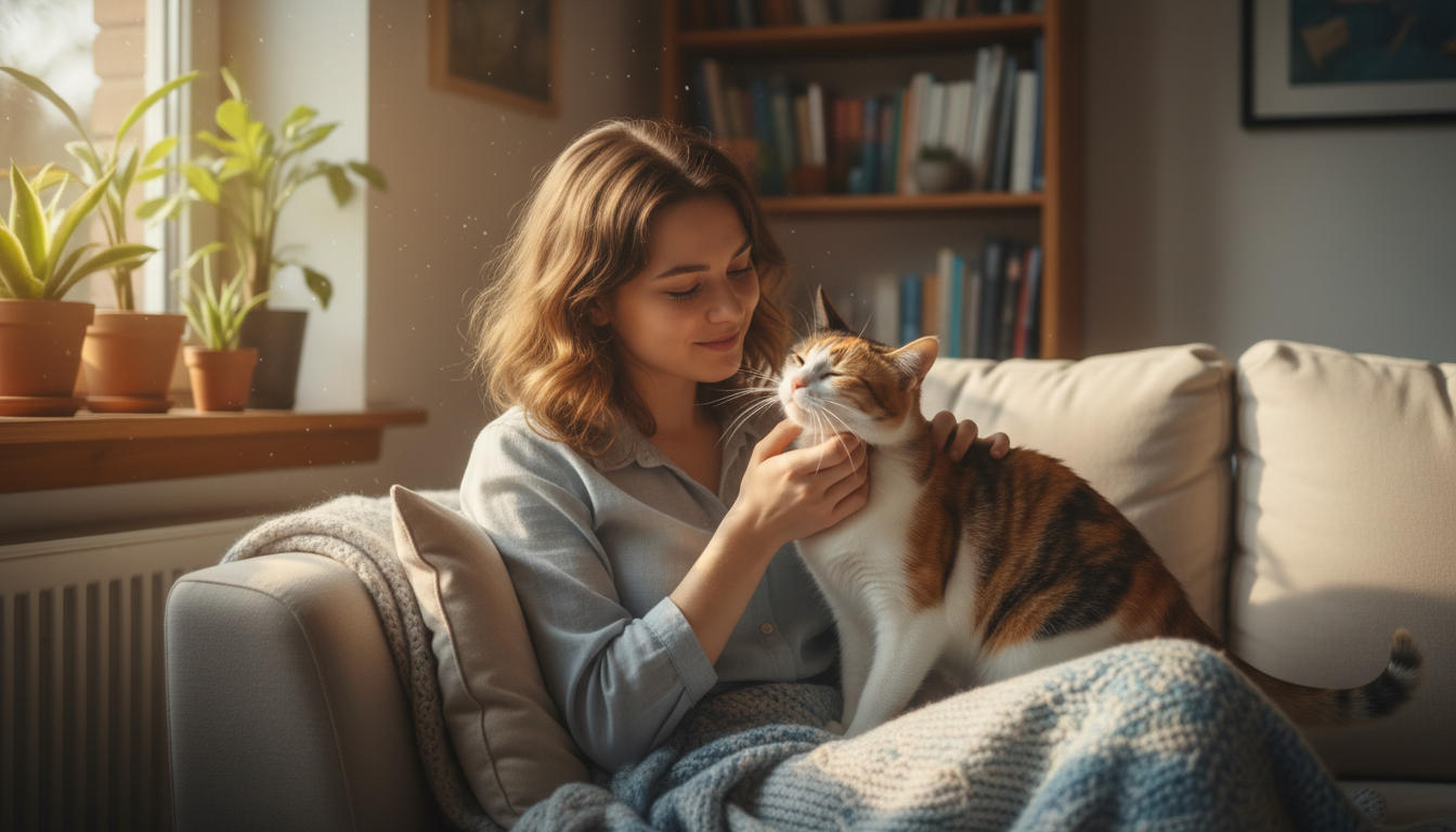主人與三色貓溫馨互動的場景