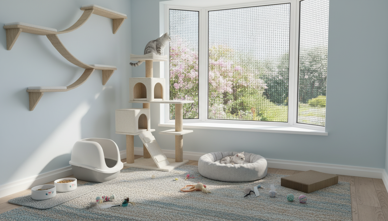 適合美國短毛貓的理想家居環境設置，展示貓樹、窗戶防護網和貓砂盆等。