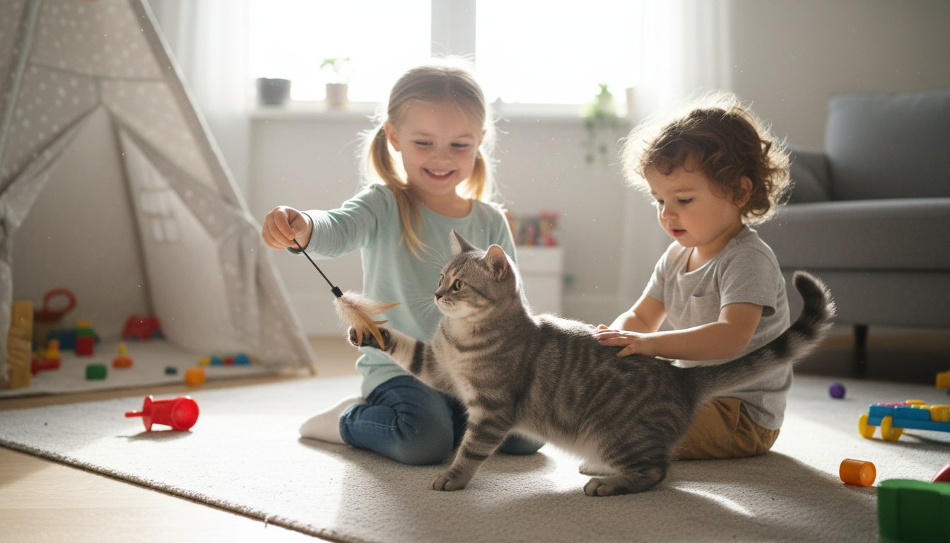 一隻美國短毛貓與兒童玩耍，展現其溫和友善的性格。