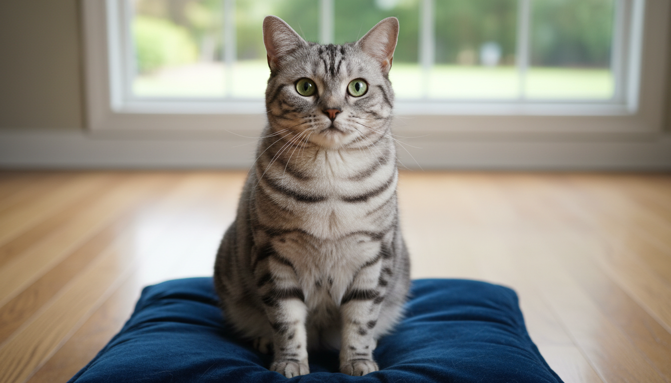 美國短毛貓的典型外觀特徵展示，特別突出銀虎斑的毛色和結實的體型。