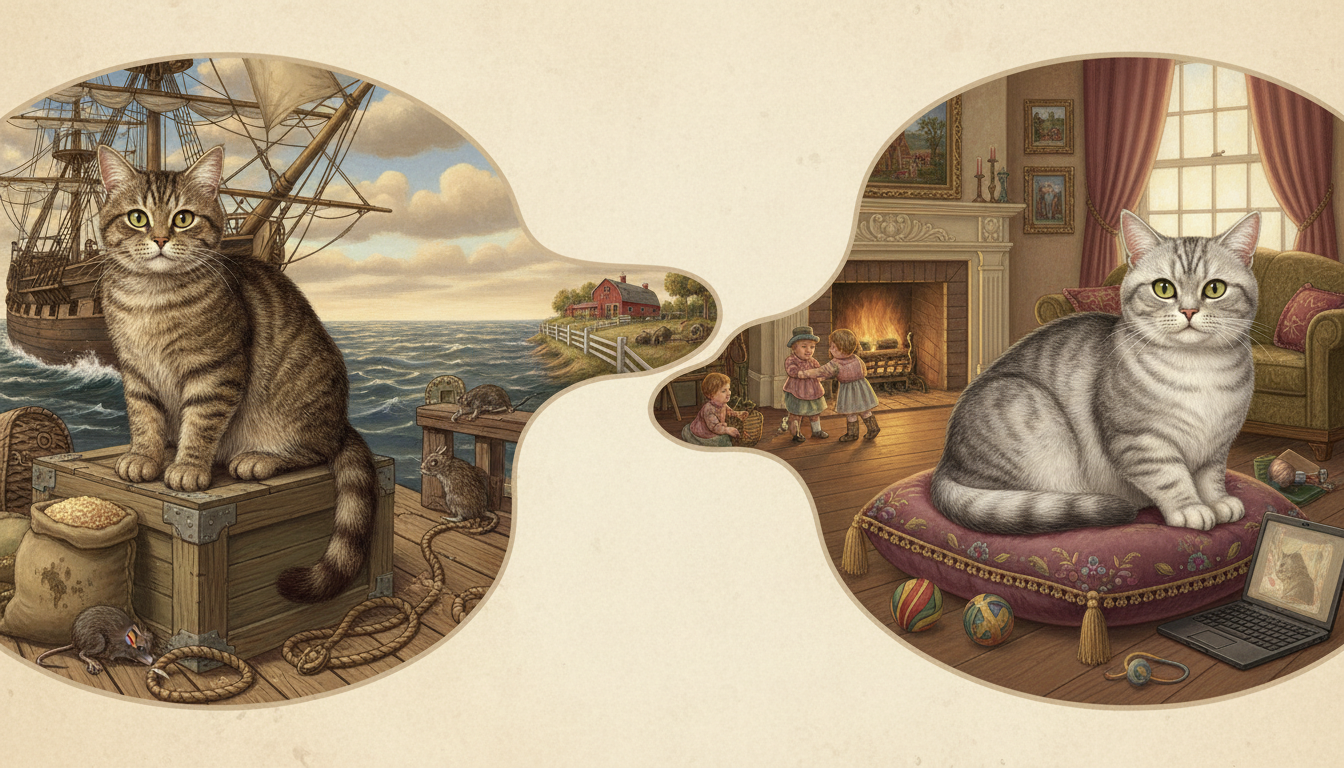 一幅描繪美國短毛貓歷史演變的插畫，從船上的工作貓到現代家庭寵物。