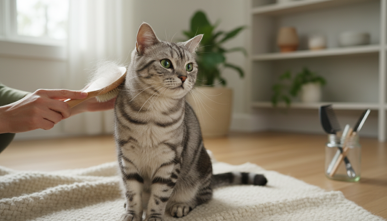 為美國短毛貓進行日常護理的正確方法，包括梳毛、剪指甲和清潔耳朵。