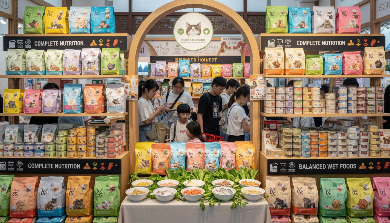 香港市場上多種貓糧和濕糧的展示，強調高品質和營養均衡。