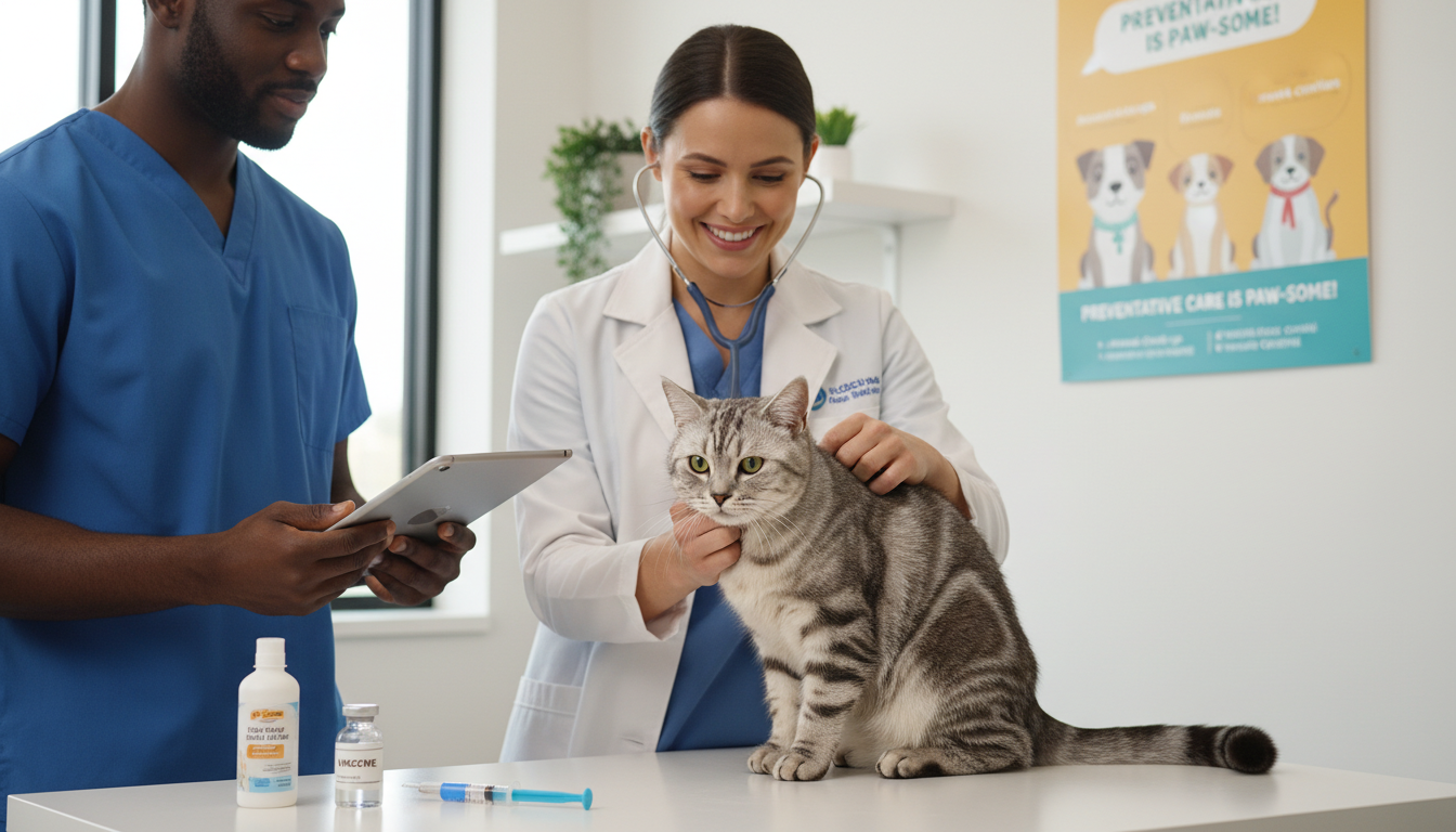 一隻美國短毛貓在獸醫診所進行健康檢查，強調疾病預防的重要性。