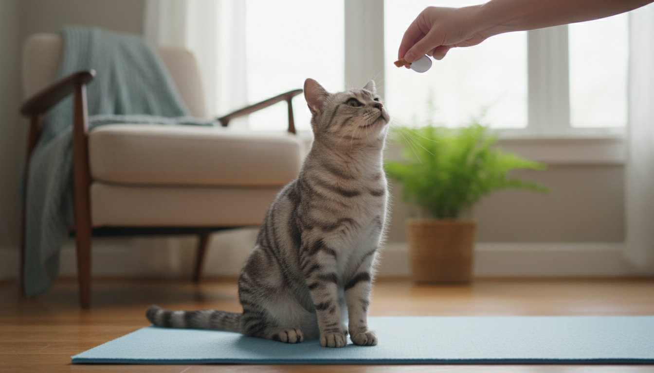 一隻美國短毛貓在進行響片訓練，學習坐下指令。