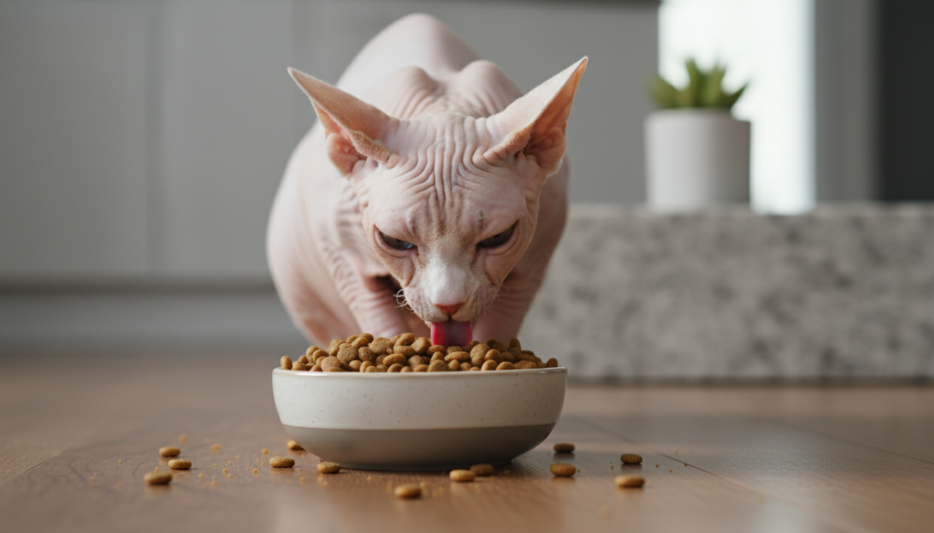 無毛貓正在食用高品質貓糧
