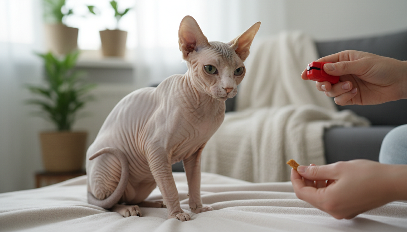 斯芬克斯貓正在進行響片訓練