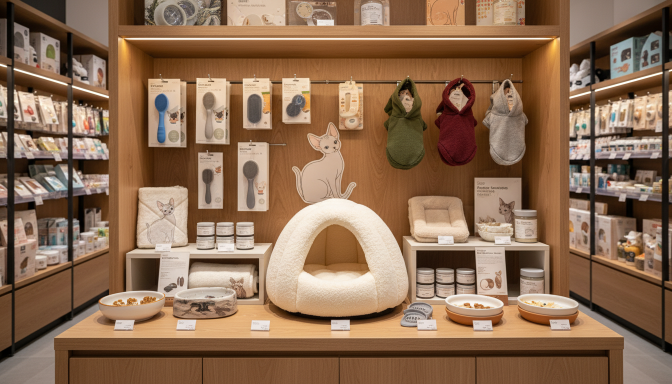 香港寵物店內展示的斯芬克斯貓用品和價格