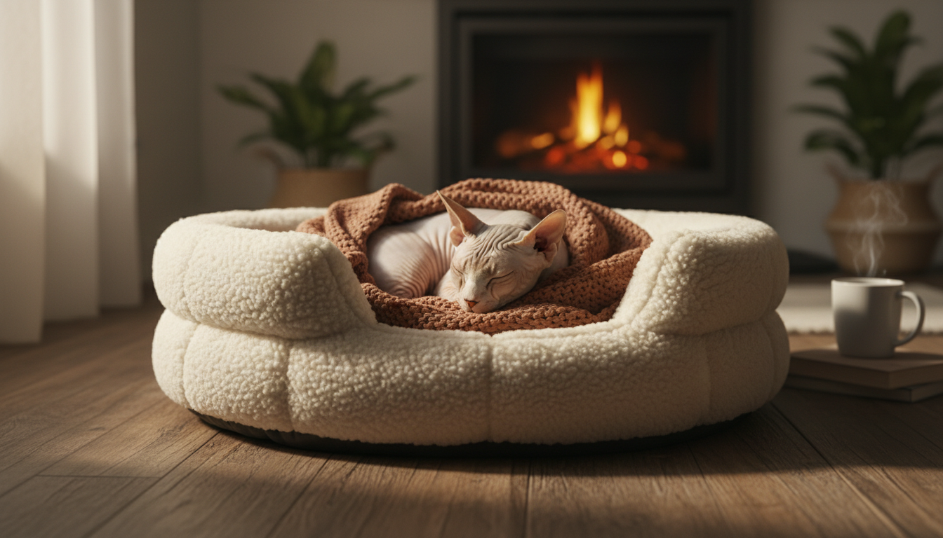 一隻斯芬克斯貓在溫暖舒適的貓窩中休息